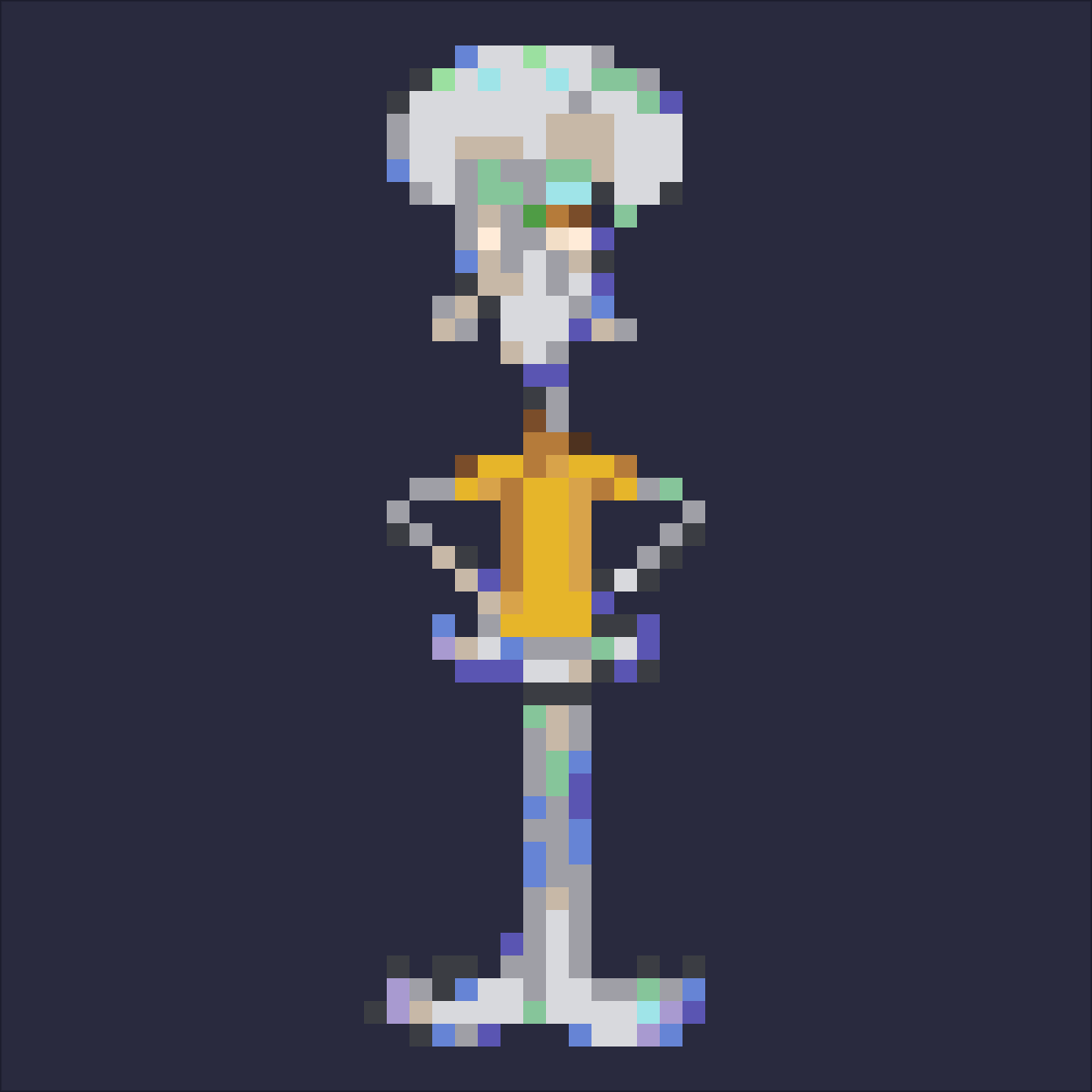 Processed pixel grid full-body reference based on a Squidward source image