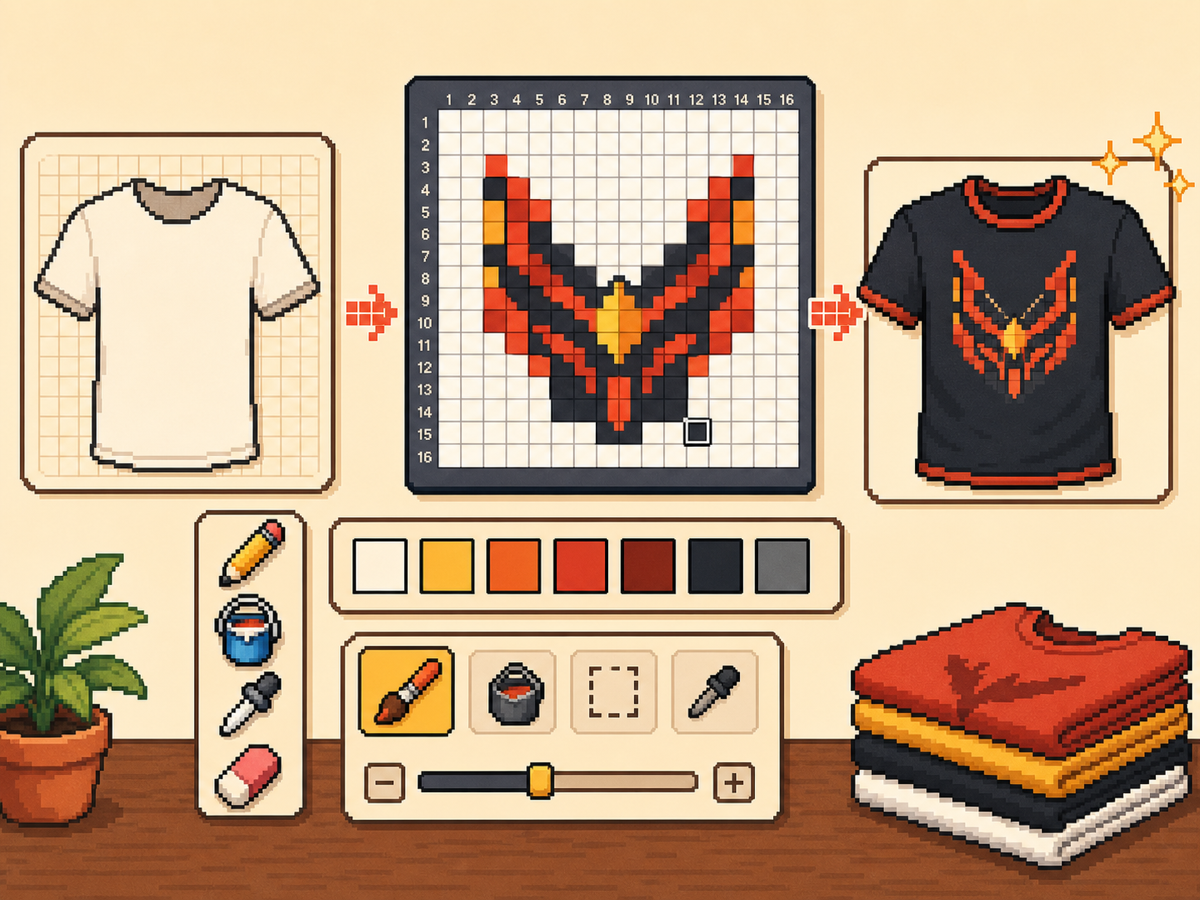 Custom clothes pixel grid workflow with shirt silhouette, emblem grid, palette, and finished shirt preview
