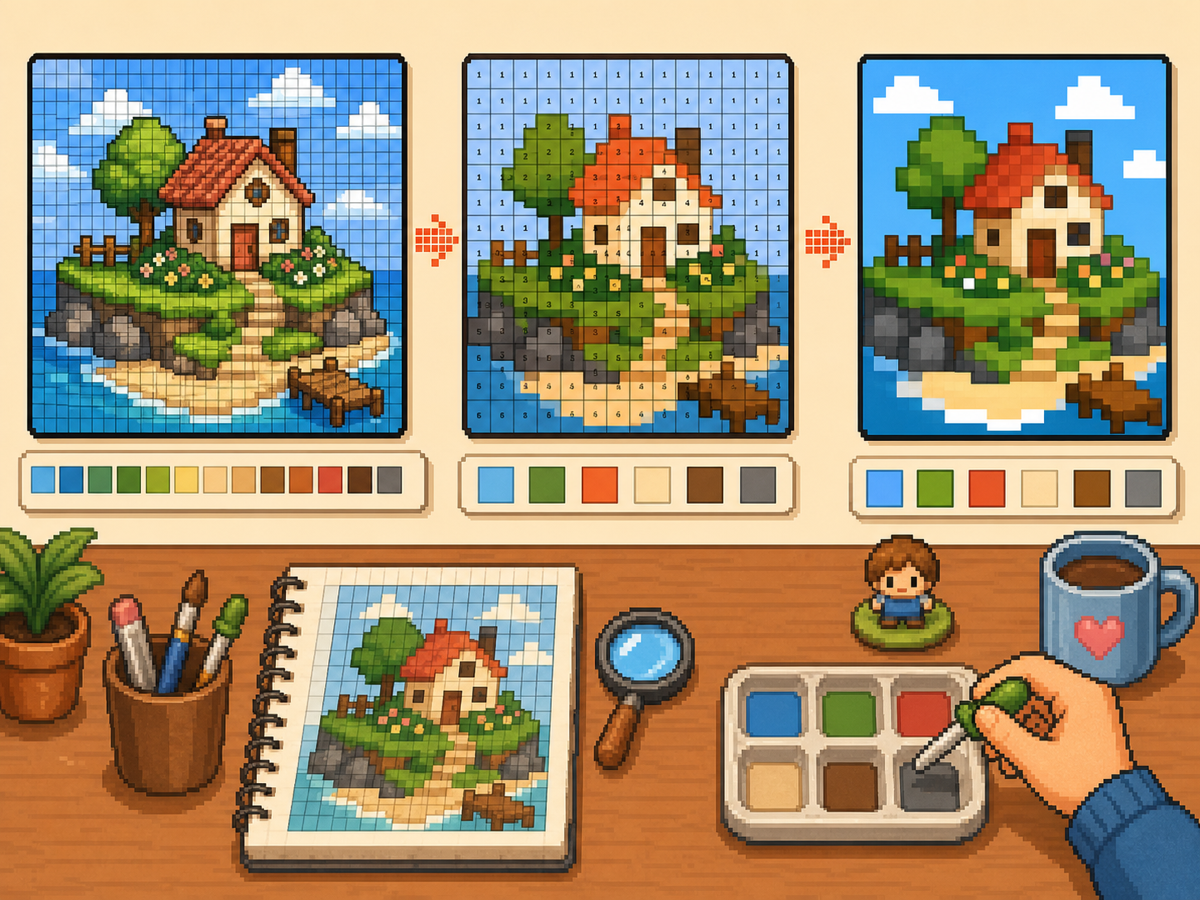 Palette House color strategy illustration with a pixel grid, reduced palette, and final preview