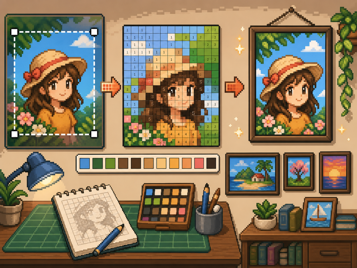 Poster and wall decoration workflow with crop handles, pixel grid portrait, palette, and framed wall art