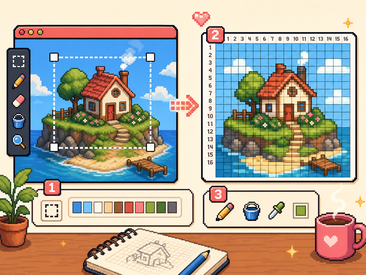 Tomodachi Life pixel grid workflow showing source art, grid setup, and numbered output