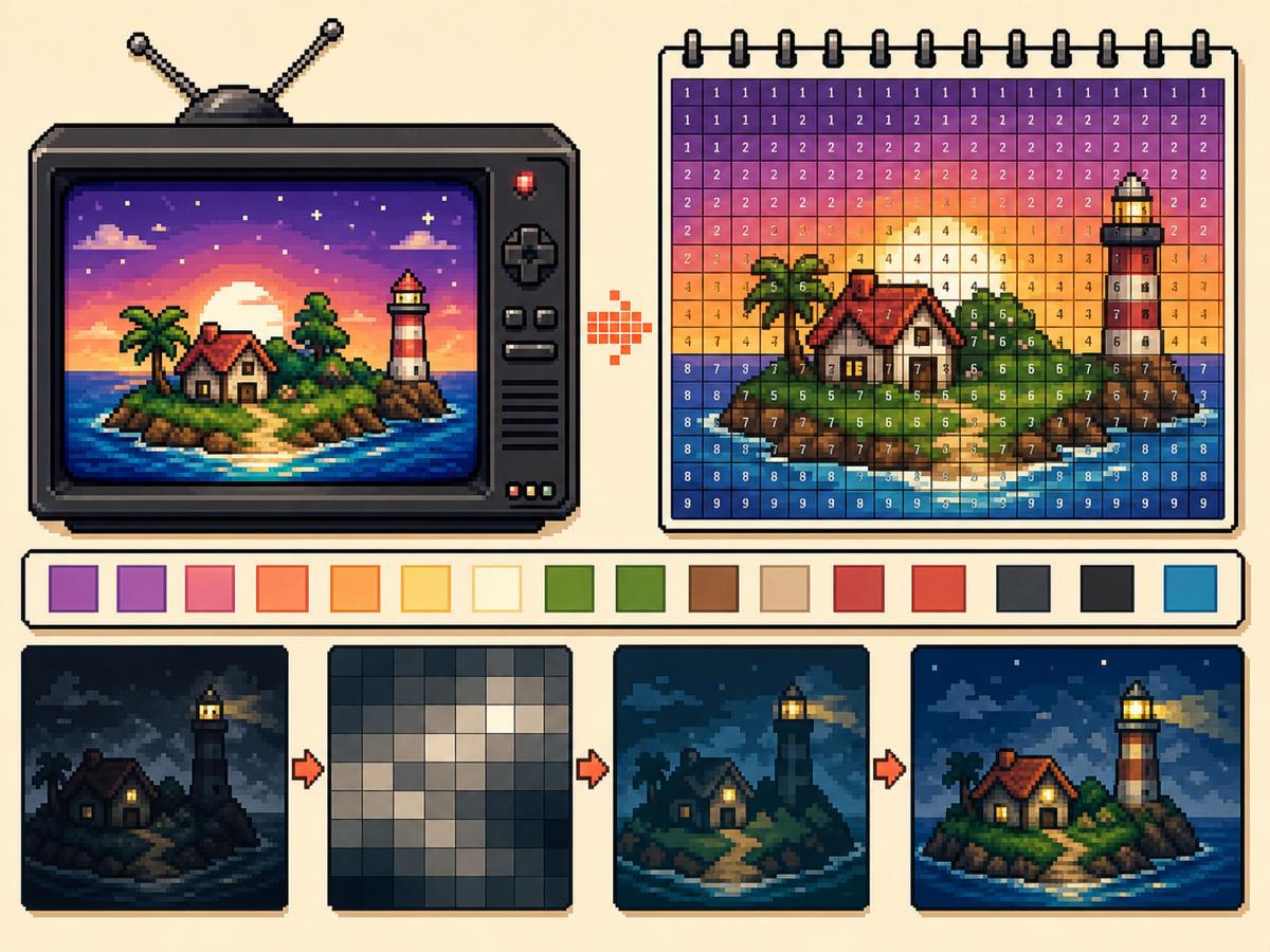 TV screen pixel art workflow with retro TV preview, numbered grid, palette, and simplified dark scene